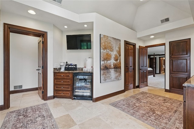 527 Salem Heights Dr, Pine Twp Nal, PA 15044 - indoor dry bar with beverage cooler, recessed lighting, baseboards, light tile patterned flooring, and lofted ceiling