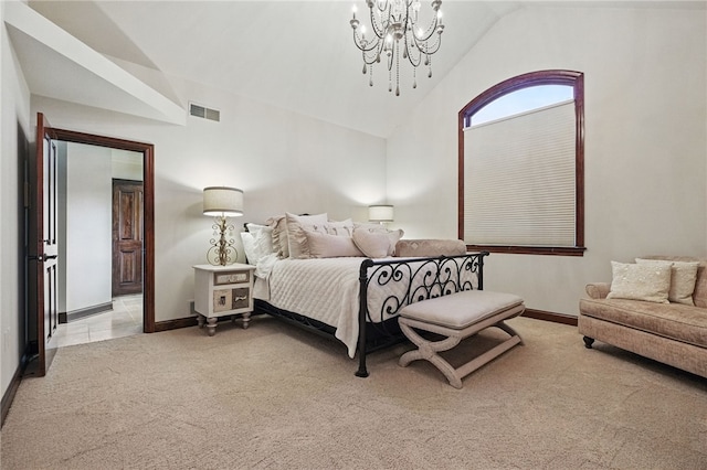 527 Salem Heights Dr, Pine Twp Nal, PA 15044 - bedroom featuring light colored carpet, a chandelier, lofted ceiling, and baseboards