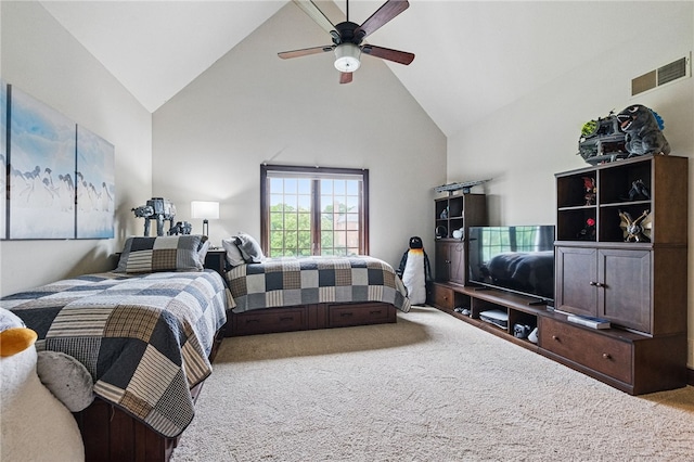 527 Salem Heights Dr, Pine Twp Nal, PA 15044 - bedroom featuring carpet floors, high vaulted ceiling, and ceiling fan