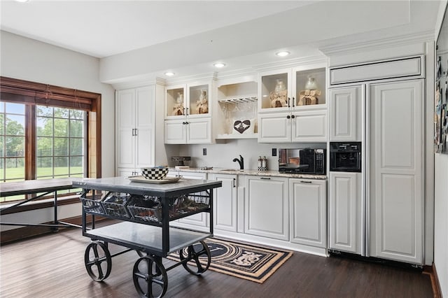 527 Salem Heights Dr, Pine Twp Nal, PA 15044 - kitchen featuring paneled built in fridge, dark wood-style floors, white cabinetry, glass insert cabinets, and recessed lighting