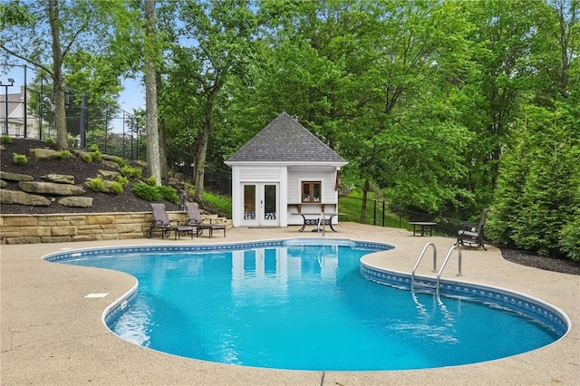 527 Salem Heights Dr, Pine Twp Nal, PA 15044 - swimming pool with a patio area, an exterior structure, an outbuilding, and french doors