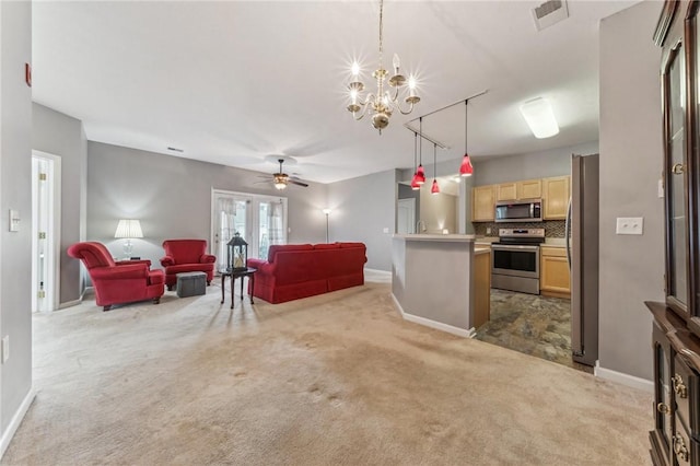 300 Hidden Ridge Ct Unit 203, South Park, PA 15129 - living area with light colored carpet, a chandelier, ceiling fan, and baseboards