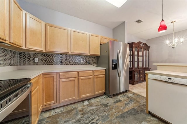 300 Hidden Ridge Ct Unit 203, South Park, PA 15129 - kitchen featuring stainless steel appliances, tasteful backsplash, light brown cabinetry, light countertops, and hanging light fixtures