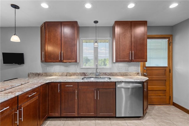 127 Craig Dr, Hempfield Twp Wml, PA 15601 - kitchen featuring dishwasher, a sink, light stone counters, hanging light fixtures, and recessed lighting