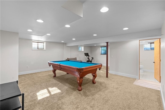 127 Craig Dr, Hempfield Twp Wml, PA 15601 - recreation room featuring light carpet, billiards, recessed lighting, baseboards, and healthy amount of natural light