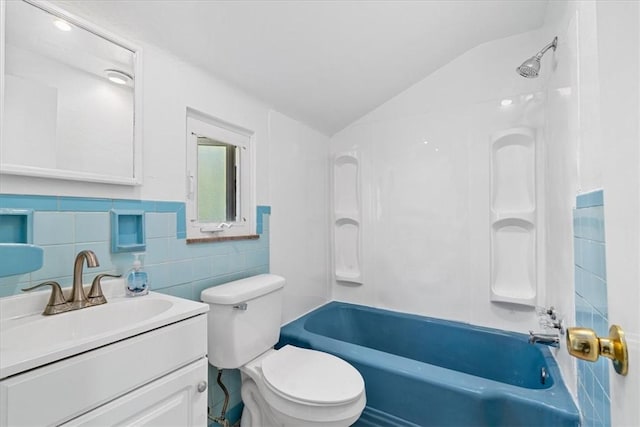 5944 Keefe St, Lincoln Place, PA 15207 - bathroom featuring lofted ceiling, vanity, toilet,  shower combination, and tile walls