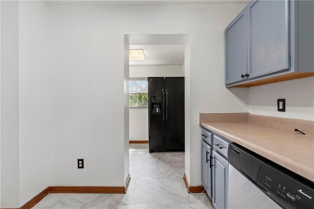 2715 Merwyn Ave, Sheraden, PA 15204 - kitchen with black fridge with ice dispenser, dishwasher, light marble finish floors, baseboards, and light countertops