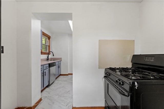 2715 Merwyn Ave, Sheraden, PA 15204 - kitchen featuring black gas range, stainless steel dishwasher, a sink, baseboards, and light countertops