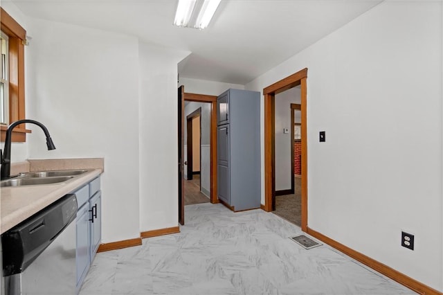 2715 Merwyn Ave, Sheraden, PA 15204 - kitchen with dishwasher, a sink, light countertops, baseboards, and light marble finish flooring