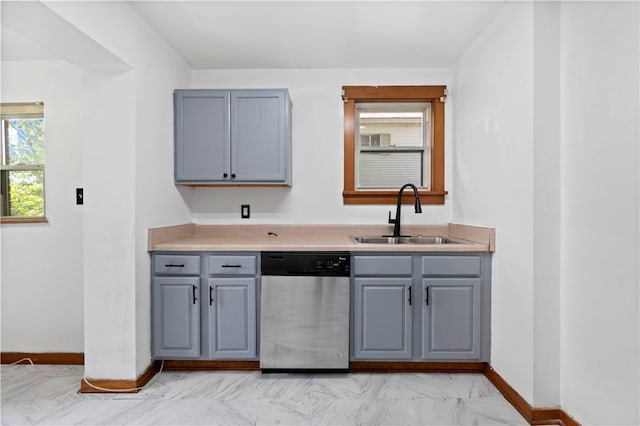 2715 Merwyn Ave, Sheraden, PA 15204 - kitchen with stainless steel dishwasher, gray cabinetry, a sink, and light countertops
