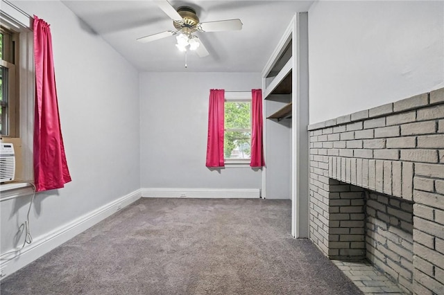 3855 Hiawatha St, Brighton Heights, PA 15212 - unfurnished living room with carpet flooring, a ceiling fan, baseboards, and a fireplace