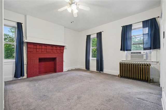 3855 Hiawatha St, Brighton Heights, PA 15212 - unfurnished living room featuring radiator, carpet floors, baseboards, a brick fireplace, and a ceiling fan