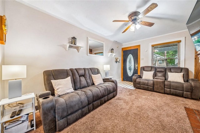 3722 Millerton Ave, Brighton Heights, PA 15212 - living area featuring carpet floors, ceiling fan, crown molding, and baseboards
