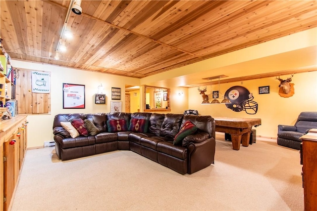 101 Timber Ct, Franklin Twp But, PA 16052 - living area with carpet flooring, wood ceiling, baseboards, and a baseboard heating unit
