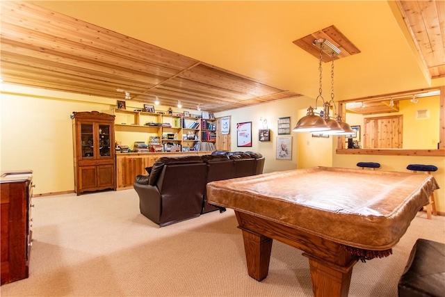 101 Timber Ct, Franklin Twp But, PA 16052 - rec room with light colored carpet, wooden ceiling, and billiards table