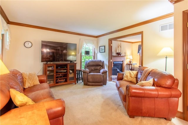 101 Timber Ct, Franklin Twp But, PA 16052 - living area with carpet, ornamental molding, and a fireplace