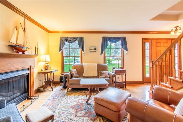 101 Timber Ct, Franklin Twp But, PA 16052 - living area with plenty of natural light, baseboards, light wood-style floors, and crown molding
