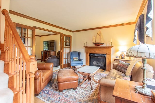 101 Timber Ct, Franklin Twp But, PA 16052 - living area with a fireplace, stairs, and crown molding