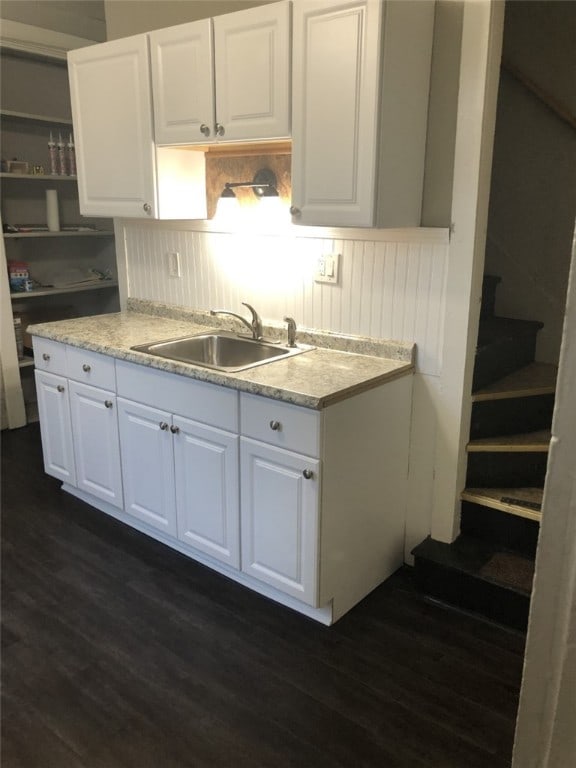 941-943 Cypress Way, Glassport, PA 15045 - kitchen with a sink, dark wood-style floors, white cabinetry, and open shelves