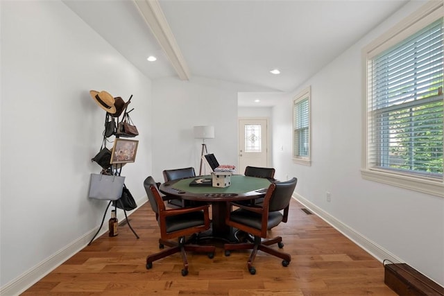 2700 Sumner St, South Side, PA 15203 - dining area with wood finished floors, baseboards, recessed lighting, and beam ceiling