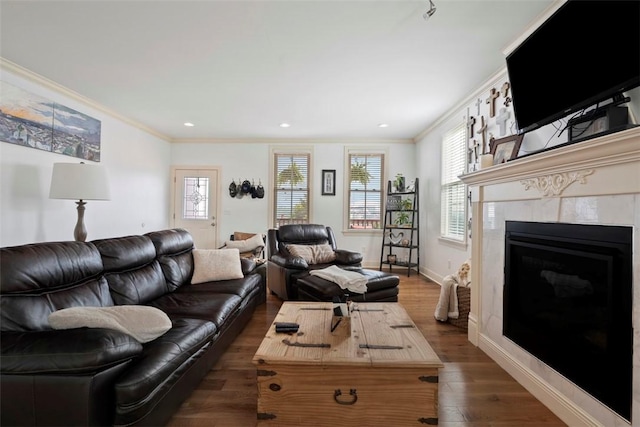 2700 Sumner St, South Side, PA 15203 - living room with crown molding, a fireplace, dark wood-style floors, baseboards, and recessed lighting