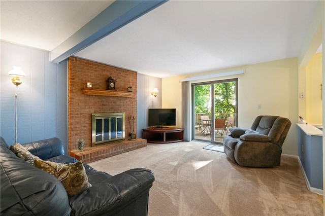 152 N Jamestown Rd, Moon/Crescent Twp, PA 15108 - carpeted living room featuring a brick fireplace and beam ceiling