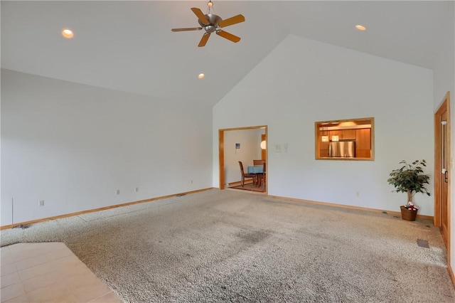 199 Rustic Dr, North Huntingdon, PA 15642 - unfurnished living room featuring high vaulted ceiling, ceiling fan, baseboards, carpet, and recessed lighting