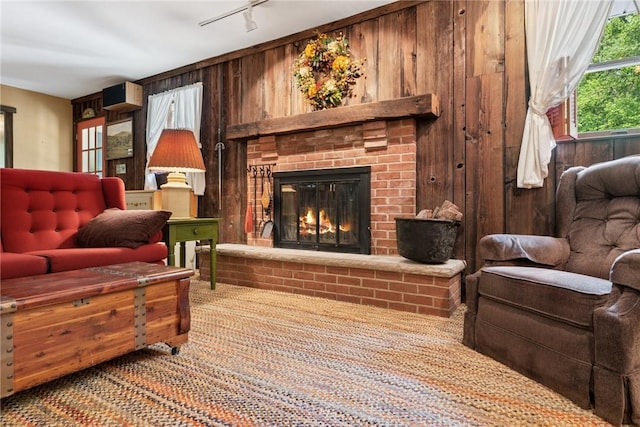 1199 Chestnut St, Indiana Boro Ind, PA 15701 - living area with carpet floors, wooden walls, a brick fireplace, and track lighting