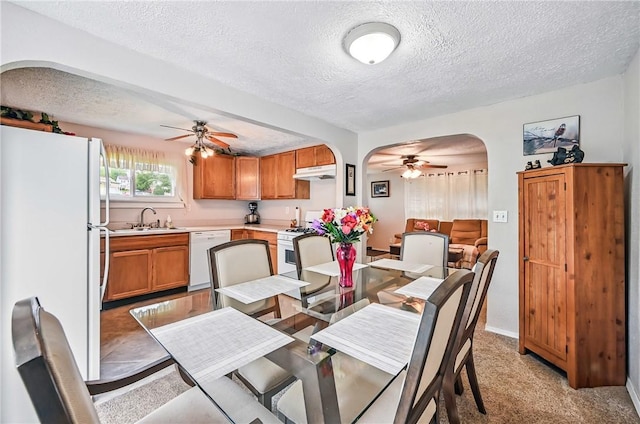 283 S 5th St, Sharpsville, PA 16150 - dining room featuring ceiling fan, arched walkways, a textured ceiling, and light carpet