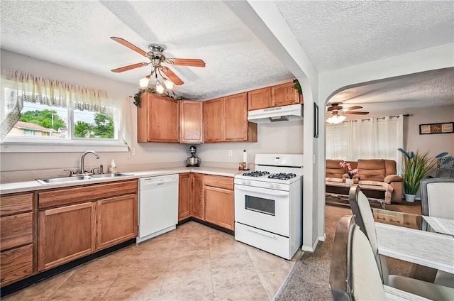 283 S 5th St, Sharpsville, PA 16150 - kitchen with white appliances, a sink, ceiling fan, a textured ceiling, and under cabinet range hood