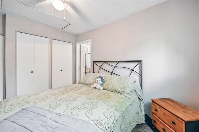 283 S 5th St, Sharpsville, PA 16150 - bedroom with attic access, multiple closets, carpet floors, and a ceiling fan