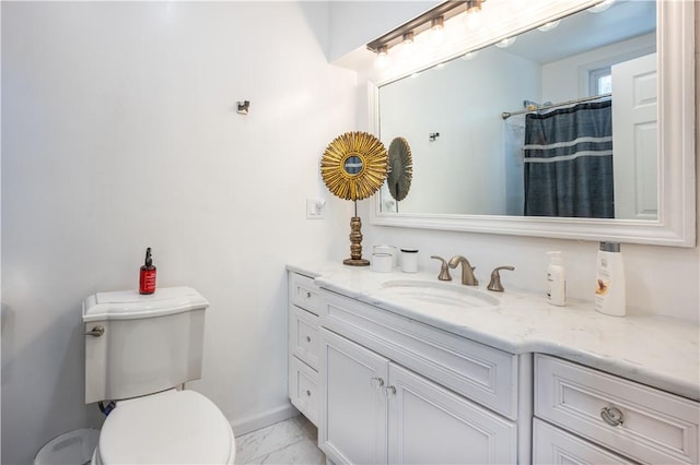 1701 Meadville St, Fineview, PA 15214 - bathroom with vanity, marble look tiles, toilet, baseboards, and curtained shower