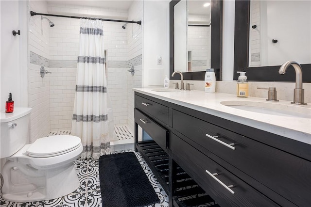 1701 Meadville St, Fineview, PA 15214 - full bath with toilet, double vanity, a stall shower, and tile patterned floors