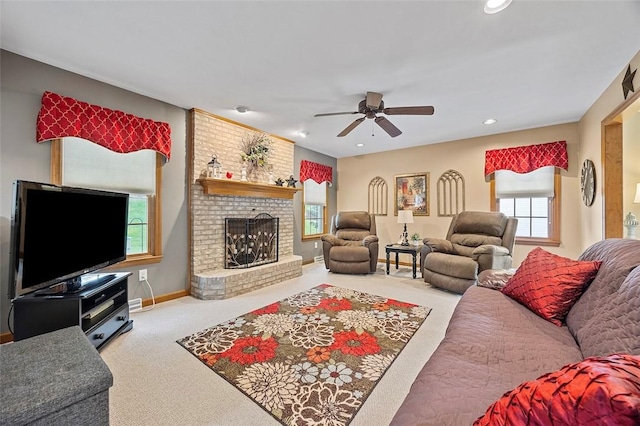 1408 Fernledge Dr, Shaler, PA 15101 - living room with carpet flooring, ceiling fan, recessed lighting, a fireplace, and baseboards