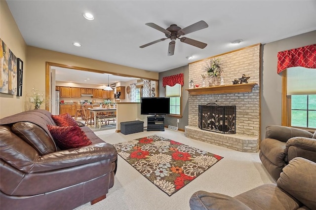 1408 Fernledge Dr, Shaler, PA 15101 - living area featuring recessed lighting, a ceiling fan, light carpet, and a brick fireplace