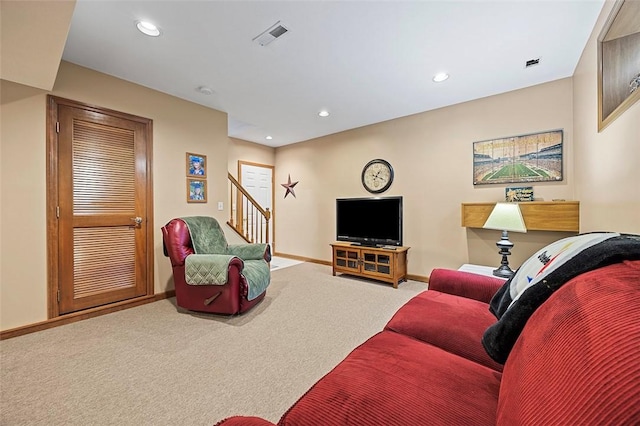 1408 Fernledge Dr, Shaler, PA 15101 - living area with carpet flooring, recessed lighting, baseboards, and stairway