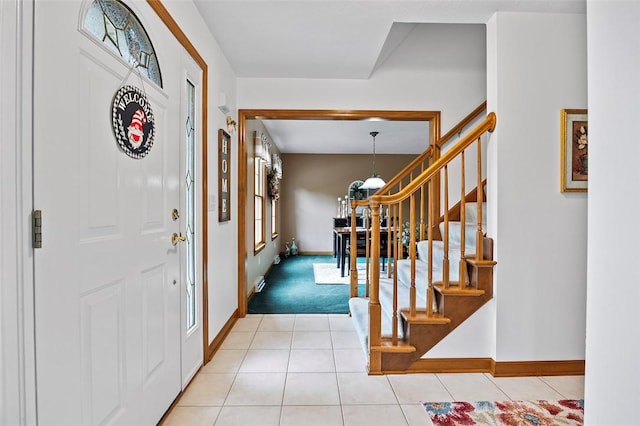 1408 Fernledge Dr, Shaler, PA 15101 - entryway featuring stairway, baseboards, light tile patterned floors, and a chandelier