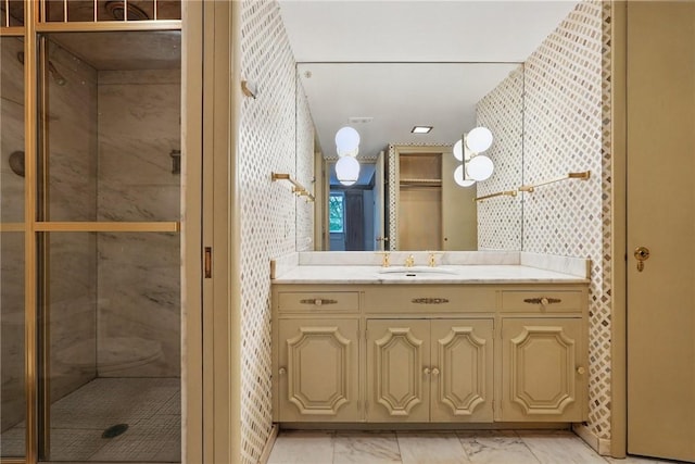 5048 5th Ave Unit 101, Shadyside, PA 15232 - full bathroom with vanity, marble look tile flooring, and a shower stall