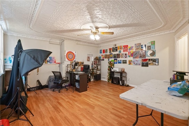 1332 Diana St, Troy Hill, PA 15212 - office area featuring light wood-type flooring, ceiling fan, an ornate ceiling, and ornamental molding