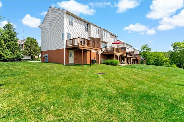 2000 Michael Dr, Baldwin Boro, PA 15227 - back of property with a wooden deck, a lawn, central AC unit, and brick siding