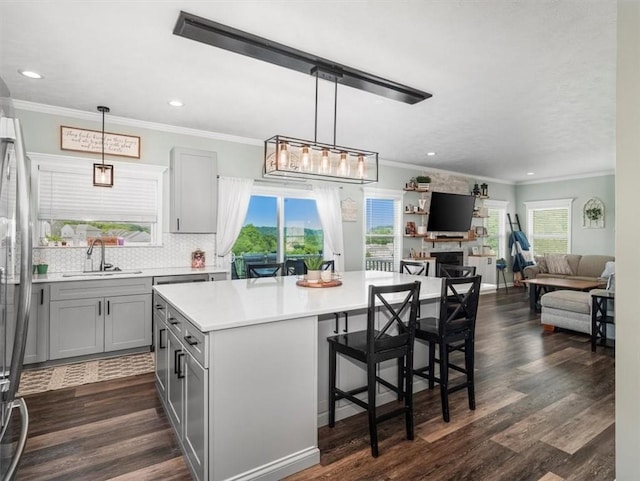 117 Dutch Creek Dr, Jackson Twp But, PA 16063 - kitchen with gray cabinets, a sink, dark wood finished floors, light countertops, and crown molding