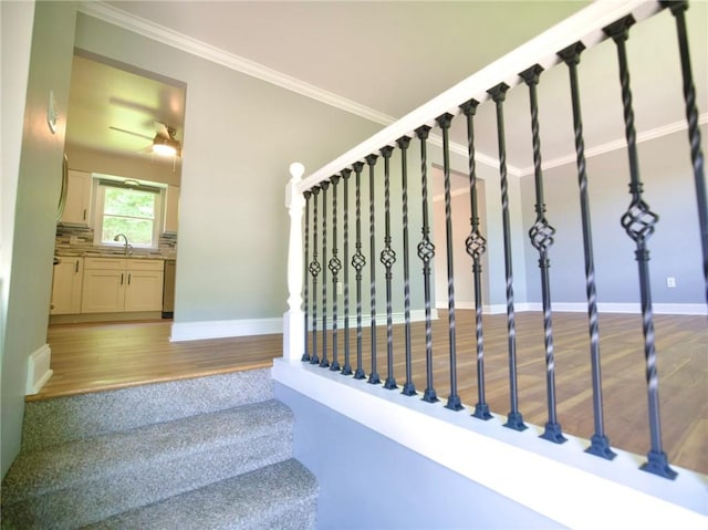 906 Arch Ave, Castle Shannon, PA 15234 - stairway featuring wood finished floors, baseboards, crown molding, and ceiling fan