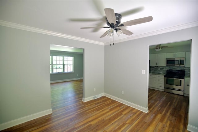 906 Arch Ave, Castle Shannon, PA 15234 - unfurnished room with crown molding, ceiling fan, dark wood finished floors, and baseboards