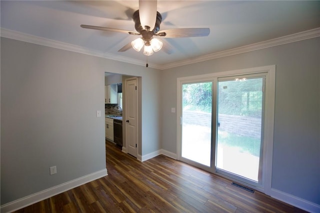 906 Arch Ave, Castle Shannon, PA 15234 - unfurnished room featuring dark wood-type flooring, baseboards, a ceiling fan, crown molding, and a sink