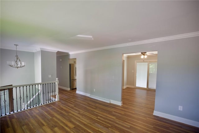 906 Arch Ave, Castle Shannon, PA 15234 - empty room featuring a chandelier, baseboards, ornamental molding, dark wood-type flooring, and a ceiling fan