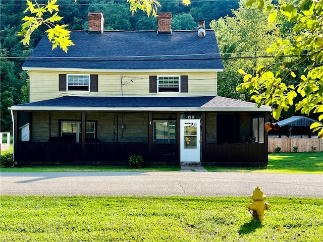 128 Main St, Perry Twp Fay, PA 15473 - view of front of house with a chimney, roof with shingles, and a porch