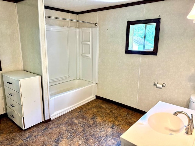 128 Main St, Perry Twp Fay, PA 15473 - bathroom featuring baseboards, shower / tub combination, vanity, toilet, and ornamental molding