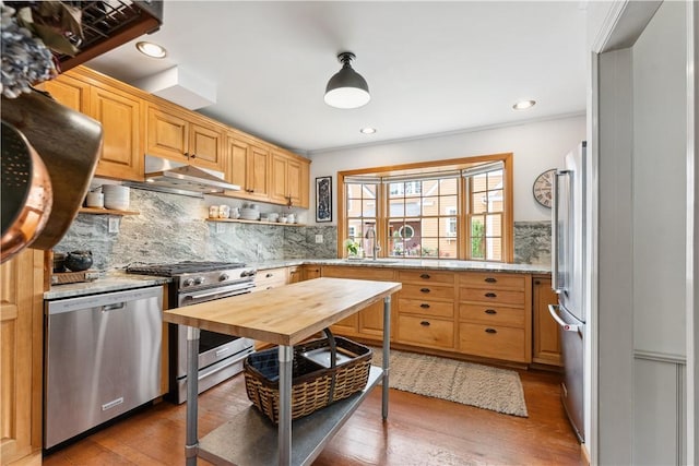 1200 River Rd, Beaver, PA 15009 - kitchen with stainless steel appliances, tasteful backsplash, light wood-type flooring, under cabinet range hood, and a sink