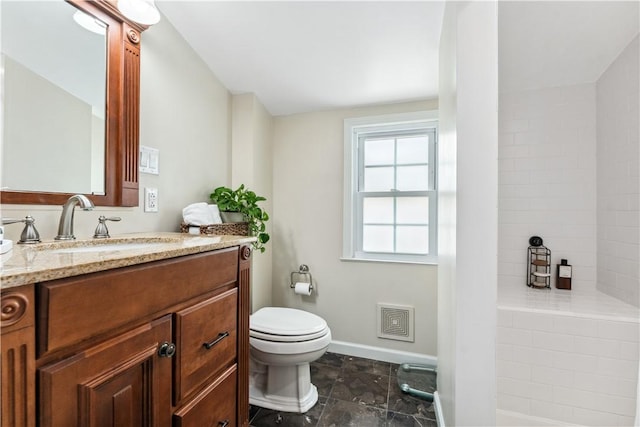 1200 River Rd, Beaver, PA 15009 - full bathroom featuring vanity, toilet, baseboards, and a shower