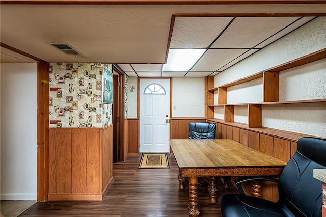 204 Fosterville Rd, Hempfield Twp Wml, PA 15601 - home office featuring dark wood-style floors, wainscoting, wooden walls, baseboards, and a paneled ceiling